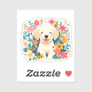 Sticker chiot labrador jaune au milieu des fleurs
