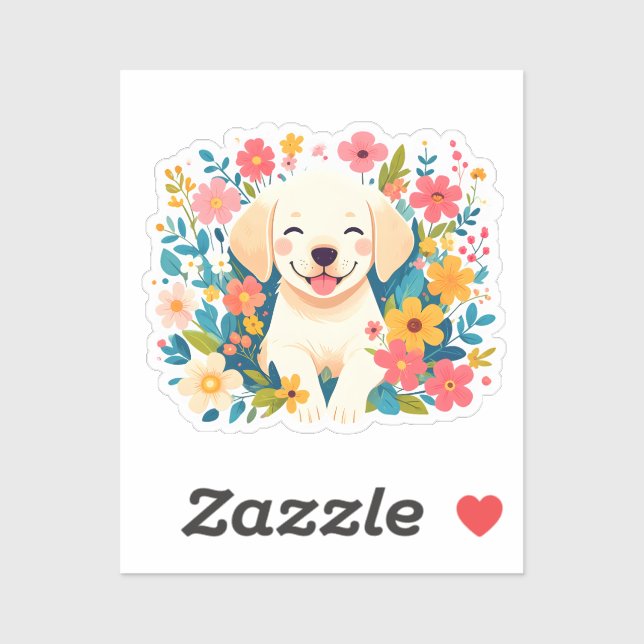 Sticker chiot labrador jaune au milieu des fleurs (Feuille)