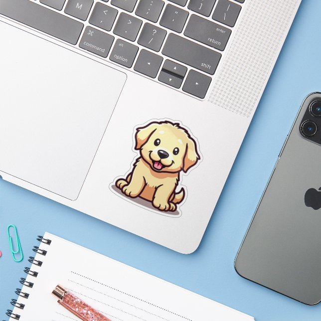 Sticker Chiot Retriever doré Adorable – Style Chibi (Ordinateur portable avec iPhone)