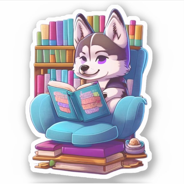 Sticker Chiots Husky lisant un livre (Devant)