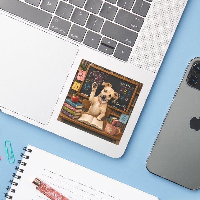 Sticker Choisis-moi ! Chien d'école mignon levant la patte (Ordinateur portable avec iPhone)