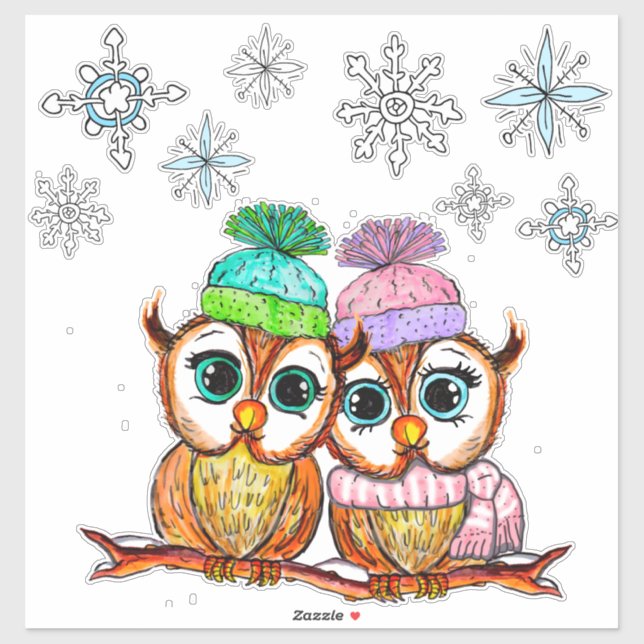 Sticker Chouette mignonne Couple et Snowflakes (Feuille)