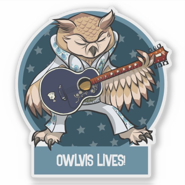 Sticker Chouette mignonne Owlvis vit ! Chanteur avec guita (Devant)