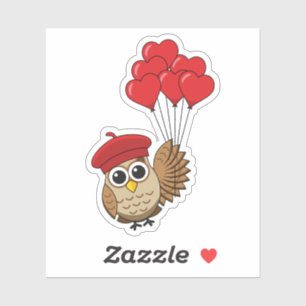 Sticker Chouette mignonne volant avec des ballons de coeur