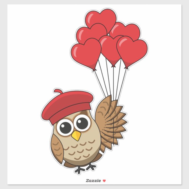 Sticker Chouette mignonne volant avec des ballons de coeur (Feuille)