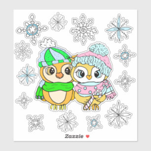 Sticker Chouettes à Whimsical Couple et Snowflakes