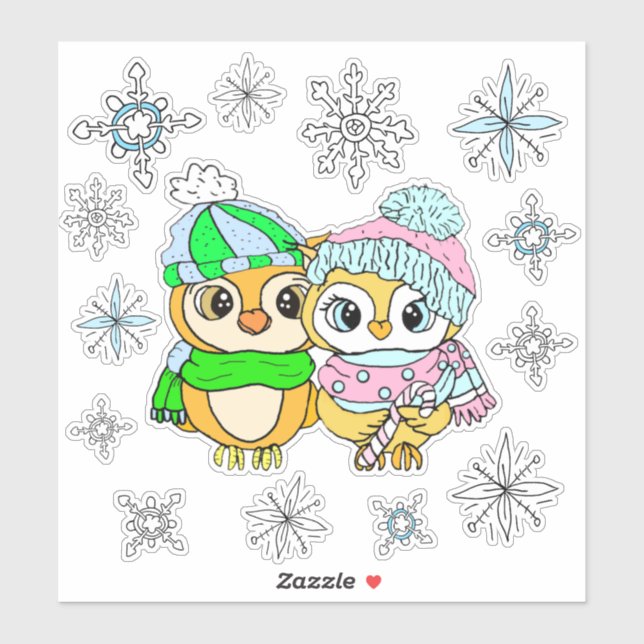 Sticker Chouettes à Whimsical Couple et Snowflakes (Feuille)
