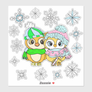 Sticker Chouettes d'aquarelle à Whimsical Couple et Snowfl