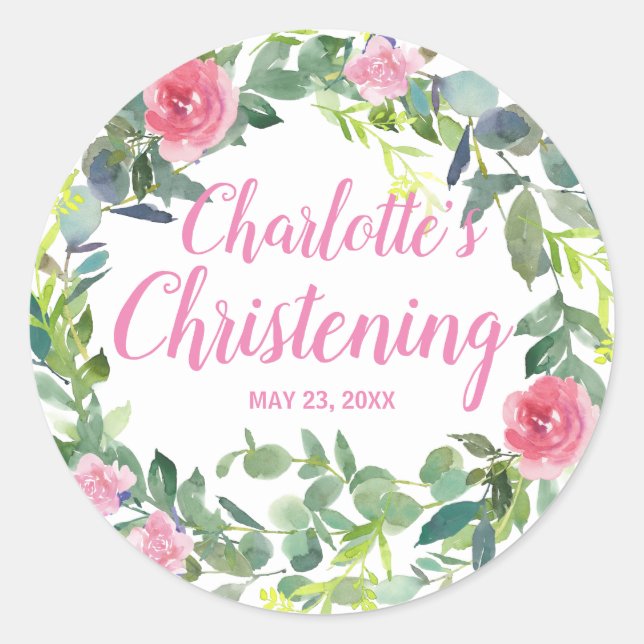 Sticker Christening Personnalisé avec Fleurs Roses (Devant)