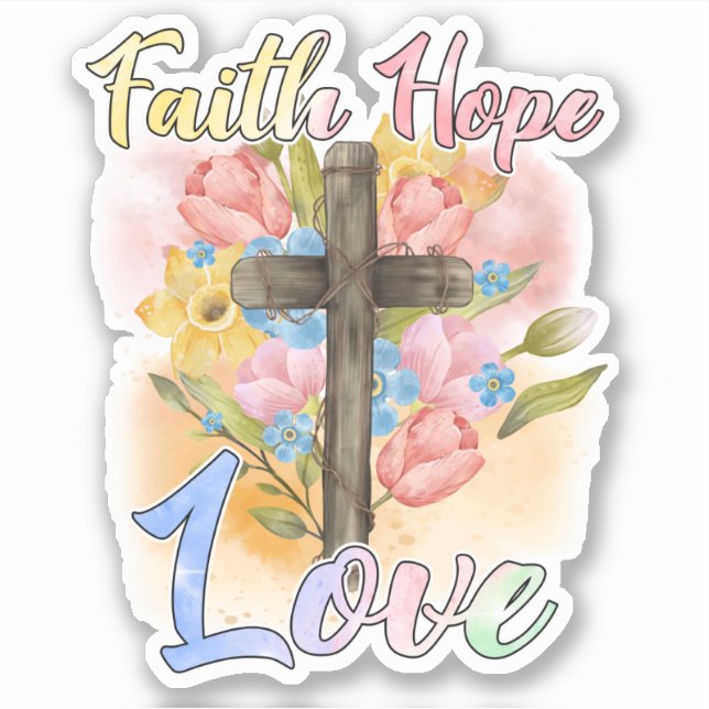Sticker Christian Cross Pastel Floral Faith Hope Love (Devant)