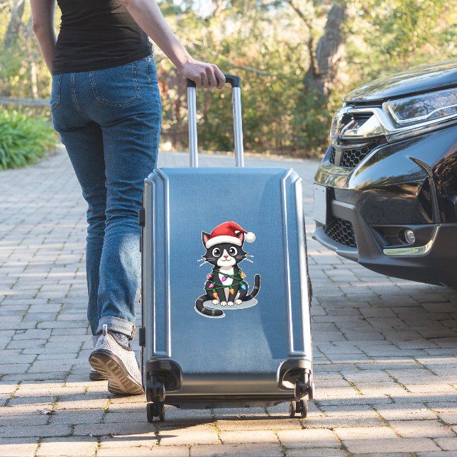 Sticker Christmas Cat Tuxedo black cat xmas lights kitty c (Valise Insitu)