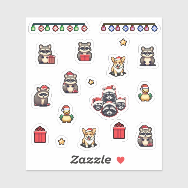 Sticker Christmas Cute Raccoons 8bit pixels icônes set (Feuille)