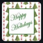 Sticker Christmas Delights<br><div class="desc">sticker carré avec une image de rangées de délices de Noël, comme des arbres décorés de beaux ornements, des sucres de canne habillés de beaux arcs rouges, et des hommes en pain d'épice aux visages souriants. Un sentiment de vacances personnalisable. Voir les confettis assortis, le étiquette et le papier d'emballage....</div>