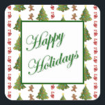 Sticker Christmas Delights<br><div class="desc">sticker carré avec une image de rangées de délices de Noël, comme des arbres décorés de beaux ornements, des sucres de canne habillés de beaux arcs rouges, et des hommes en pain d'épice aux visages souriants. Un sentiment de vacances personnalisable. Voir les confettis assortis, le étiquette et le papier d'emballage....</div>