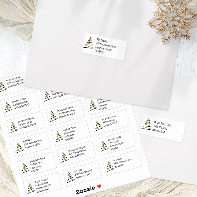 Sticker Christmas Tree Gold Black 18 Adresses du destinata (Handy sheet of 18 individual recipients names and addresses)