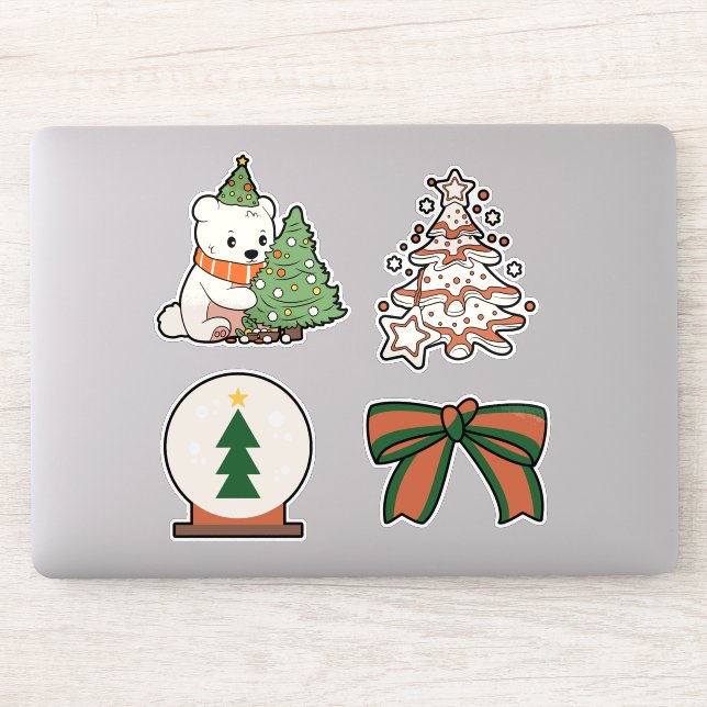 Sticker Christmas Vinyl Stickers: Cute Bear, Tree, Bow  (Ordinateur)