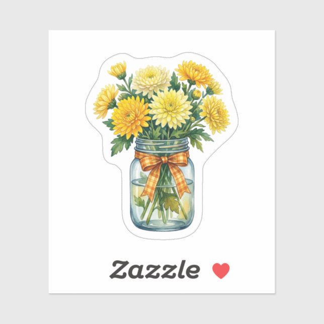 Sticker Chrysanthème Aquarelle Pot Mason Jaune Floral S (Feuille)