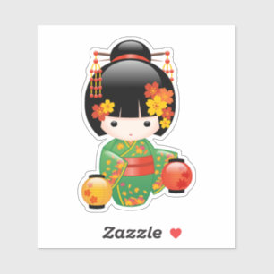 Sticker Chute Poupée Kokeshi - Green Kimono Geisha Girl