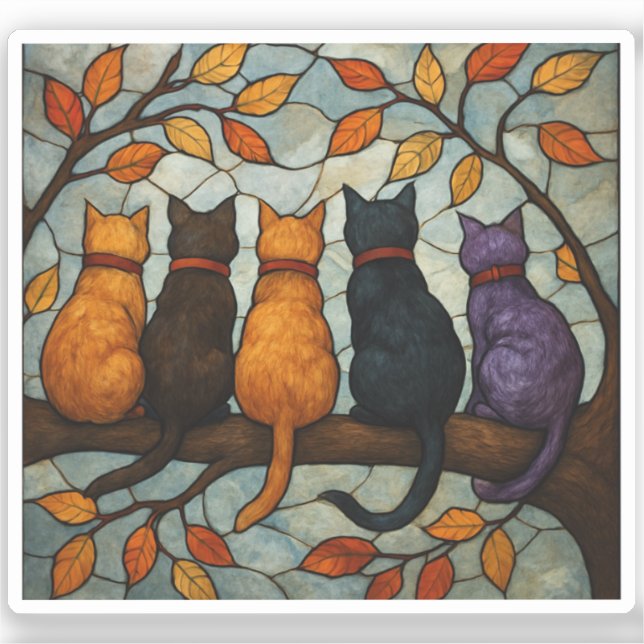 Sticker Cinq chats sur une branche d'arbre de style vitrai (Recto)