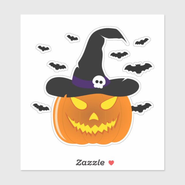 Sticker Citrouille d’Halloween Jack o’ Casquette de sorciè (Feuille)