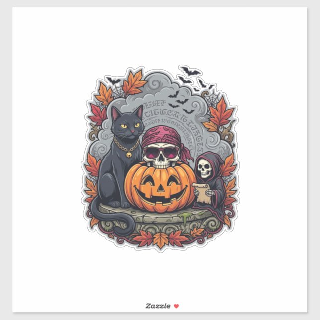 Sticker Citrouille de Halloween Chat Crâne Faucheuse Autom (Feuille)