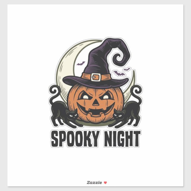 Sticker Citrouille de Halloween Chat Sorcière Chapeau Vint (Feuille)