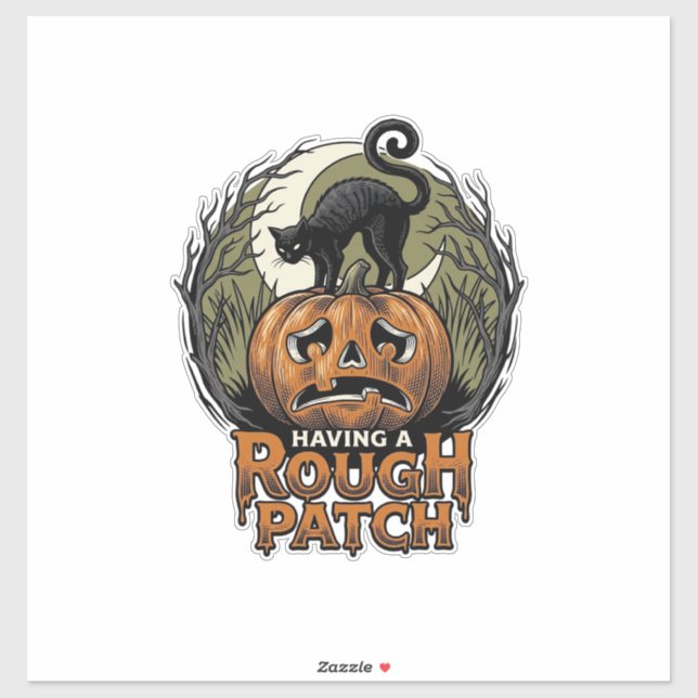 Sticker Citrouille d'Halloween Chat Tache Brute Gravure Vi (Feuille)
