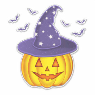 Sticker Citrouille d'Halloween mignon portant sorcière Cas