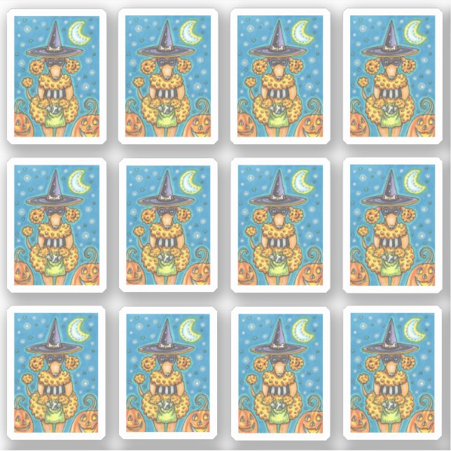 STICKER CITROUILLE DRÔLE DE POODLE EN COSTUME DE SORCIÈRE  (Devant)