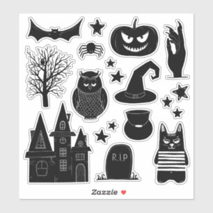 Sticker Citrouille noir et blanc, sorcière, hibou. Hallowe