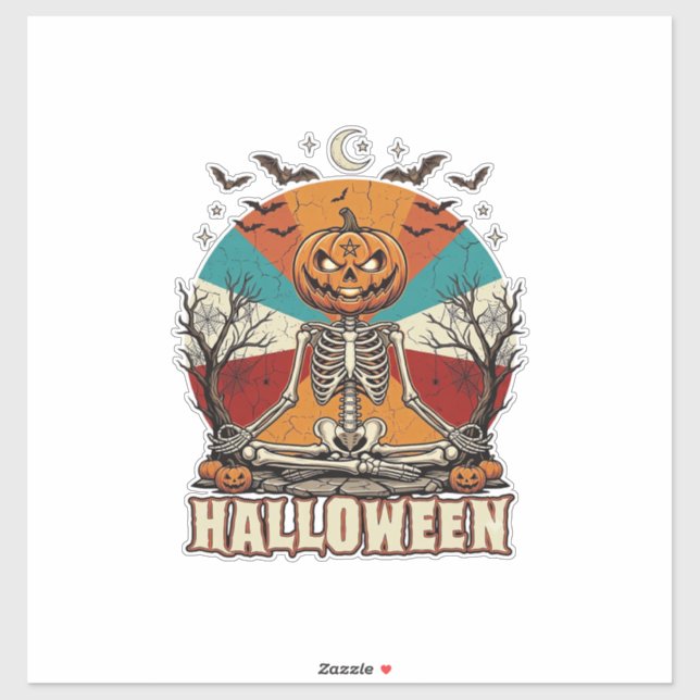 Sticker Citrouille squelette méditant Halloween Soleil Rét (Feuille)