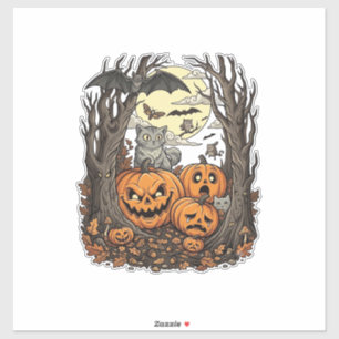 Sticker Citrouilles d'Halloween Chat Gris Chauve-Souris Pl