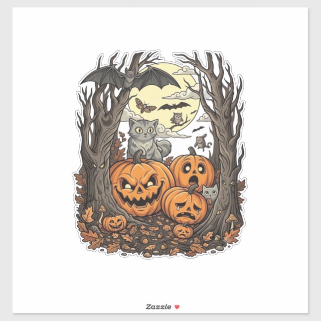 Sticker Citrouilles d'Halloween Chat Gris Chauve-Souris Pl (Feuille)