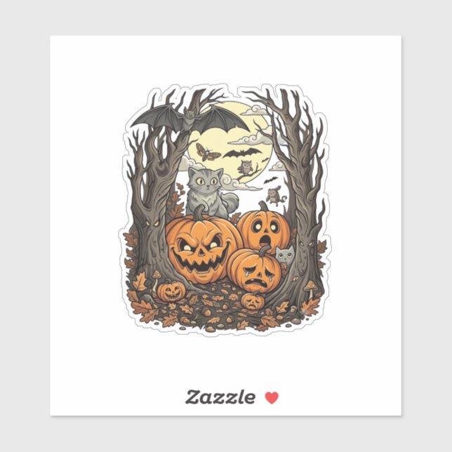 Sticker Citrouilles d'Halloween Chat Gris Chauve-Souris Pl (Feuille)