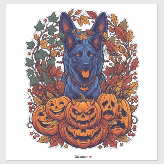 Sticker Citrouilles d'Halloween Pitbull Bleu Feuilles d'Au (Feuille)
