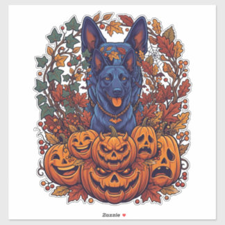 Sticker Citrouilles d'Halloween Pitbull Bleu Feuilles d'Au