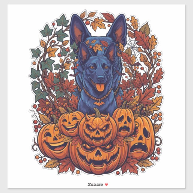 Sticker Citrouilles d'Halloween Pitbull Bleu Feuilles d'Au (Feuille)