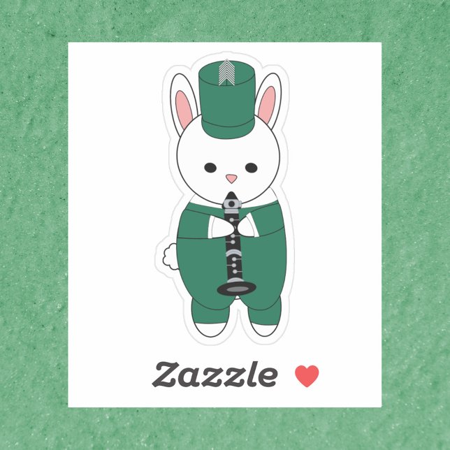 Sticker Clarinet Bunny Rabbit Marche Bande Vert Blanc Blan (A sticker of a rabbit playing the clarinet in a green and white marching band uniform.)