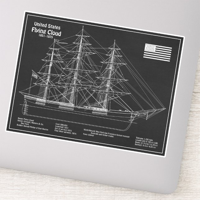 Sticker Clipper Flying Cloud - Plan du navire PD (Clipper Ship Flying Cloud - Ship Blueprint PD. Sticker)