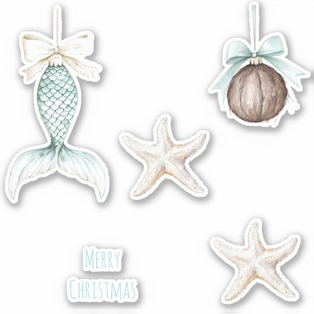 Sticker Coastal Christmas Mermaid Bow Starfish Beach  (Devant)
