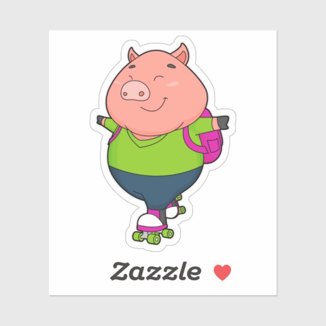 Sticker Cochon à Patinage en ligne avec patins à rouleaux (Feuille)