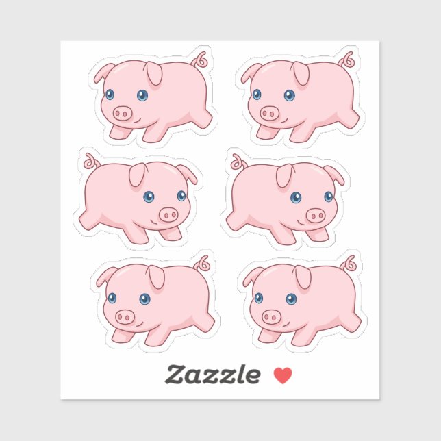 Sticker Cochon Courant Mignon, Set de 6 (Feuille)