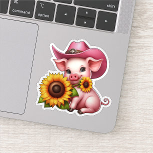 Sticker Cochon Rose Cute Portant Une Casquette Avec Des Fl
