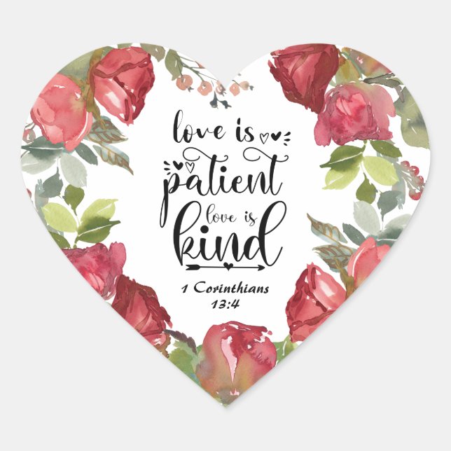 Sticker Cœur 1 Corinthiens 13:4 L'amour est patient Roses rouge (Devant)