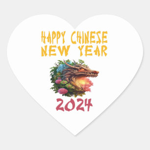 Sticker Cœur 2024 Nouvel An Chinois Année Du Dragon 2024 Blanc.