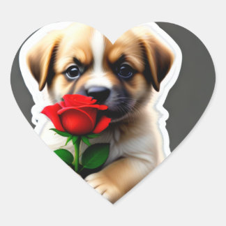 Sticker Cœur Adorable Chiot tenant un Rose