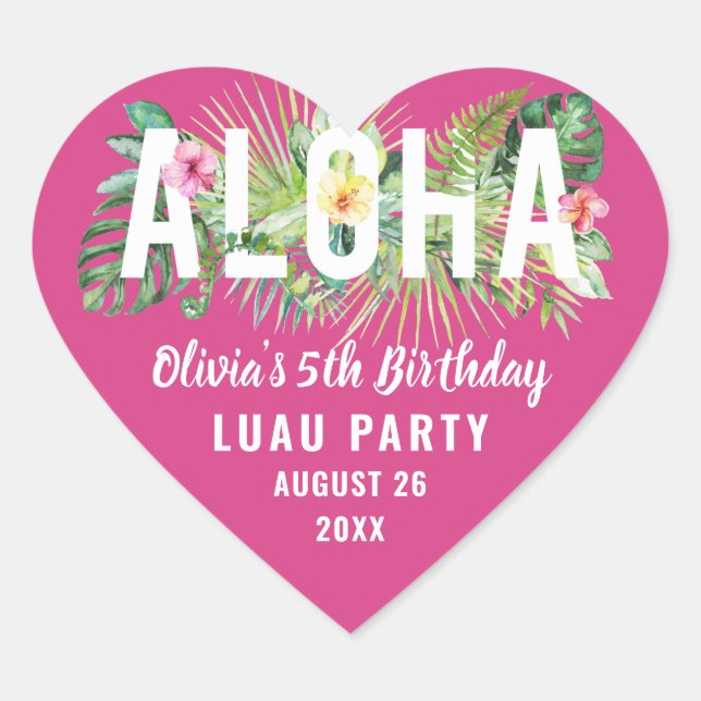 Sticker Cœur Aloha Tropical Fuchsia rose fête d'anniversaire Fa (Devant)