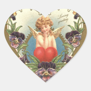 Sticker Cœur AMOUR CUPIDE AU COEUR ET PANSIES Saint-Valentin