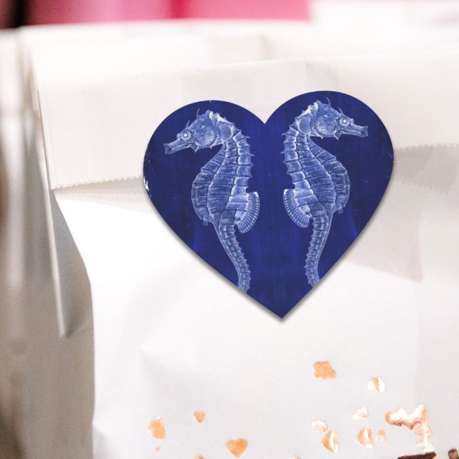 Sticker Cœur amoureux de la plage littoral océan bleu hippocamp (beach lover coastal ocean blue seahorses heart sticker)