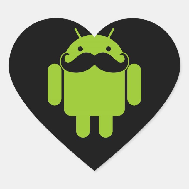 Sticker Cœur Android Robot Icon Mustache sur noir (Devant)